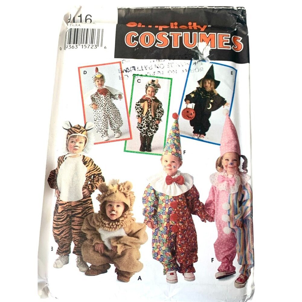 Simplicity 9116 Sewing Pattern Toddler's Costumes Lion Tiger Cow Dalmation Witch